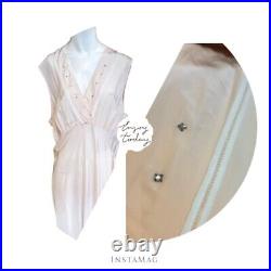 Vintage 30s 40s Bias Cut Silk Pale Pink Slip Dress Deep V Rhinestone trim L