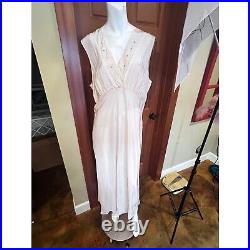 Vintage 30s 40s Bias Cut Silk Pale Pink Slip Dress Deep V Rhinestone trim L