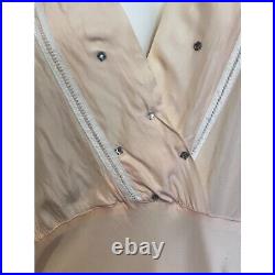 Vintage 30s 40s Bias Cut Silk Pale Pink Slip Dress Deep V Rhinestone trim L