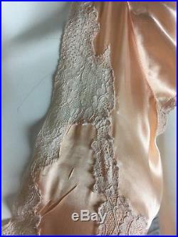 Vintage 30s 40s Peach Silk Slip L Maxi Dress Nightgown Lace Lady Love Bias Cut