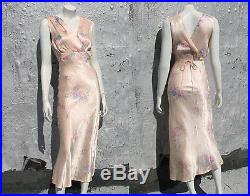 Vintage 30s 40s Rayon Satin Floral Slip Dress Pink Bridal Lingerie Bias Cut S XS