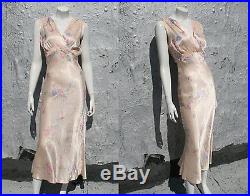 Vintage 30s 40s Rayon Satin Floral Slip Dress Pink Bridal Lingerie Bias Cut S XS