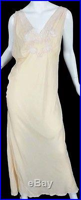 Vintage 30s Beige silk gown MAXI Empire Lace Slip dress Full Length