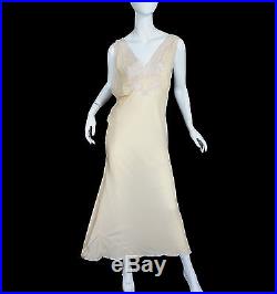 Vintage 30s Beige silk gown MAXI Empire Lace Slip dress Full Length