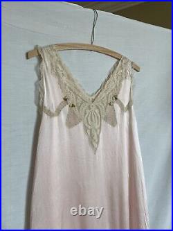 Vintage 30s Blush Pink Bias Cut Silky Rayon Slip Dress with Lace Trim