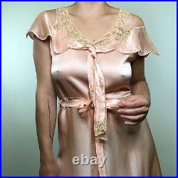 Vintage 30s French Couture Peach Silk Slip Dress Lace Off Shoulder Cutouts S/M