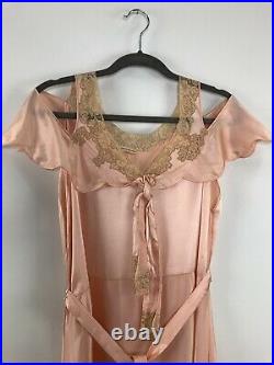 Vintage 30s French Couture Peach Silk Slip Dress Lace Off Shoulder Cutouts S/M