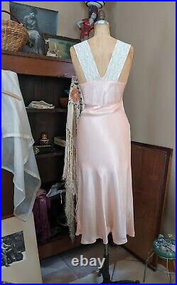 Vintage 30s Glamour Pink Satin & Lace Maxi Dress Night Gown Bias Cut Slip M 1930