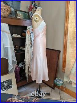 Vintage 30s Glamour Pink Satin & Lace Maxi Dress Night Gown Bias Cut Slip M 1930