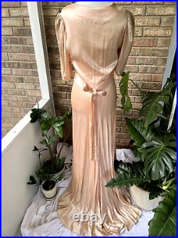 Vintage 30s Pink Satin Lace Sleeve Full Length Bias Cut Slip Dress Nightgown