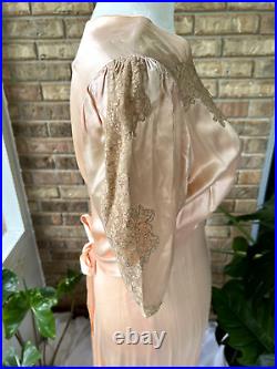 Vintage 30s Pink Satin Lace Sleeve Full Length Bias Cut Slip Dress Nightgown