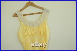 Vintage 30s Rayon Bias Cut Slip Dress Gown Yellow Lace 40 M L Sheer Full Length