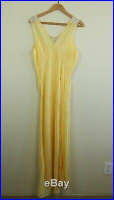 Vintage 30s Rayon Bias Cut Slip Dress Gown Yellow Lace 40 M L Sheer Full Length