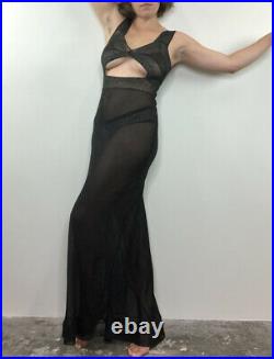 Vintage 30s Sheer Black Open Front Lace Slip Dress Nightgown Bias Cut XS/S