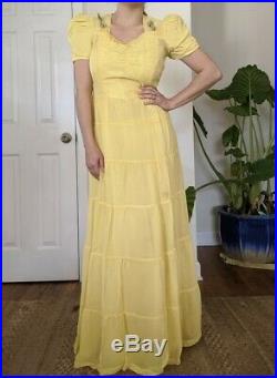 Vintage 30s Yellow Sheer Chiffon Tiered Puff Shoulder Maxi Dress With Slip S/M