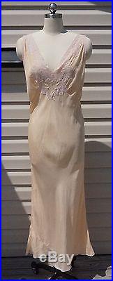 Vintage 30s silk wedding lingerie slip dress peach xs hand embroidered gown
