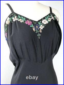 Vintage 30s slip Dress evening gown Black Crepe Ball Gown bias cut flower sequin