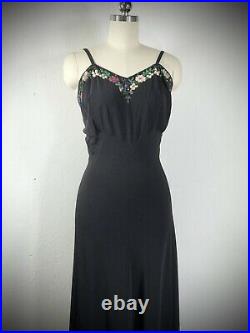 Vintage 30s slip Dress evening gown Black Crepe Ball Gown bias cut flower sequin