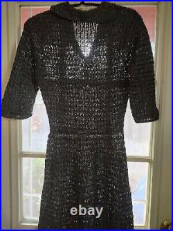 Vintage 40's Ribbon, Hand Knitted Midi Dress, Gray, slip over, collar, v neck M