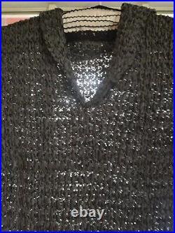 Vintage 40's Ribbon, Hand Knitted Midi Dress, Gray, slip over, collar, v neck M