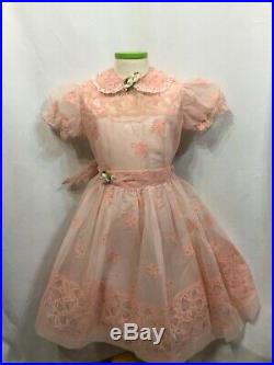 Vintage 40s 50s Dress Sheer Flocked Party Pink Lace Organza RAB Party NOS w Slip