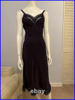 Vintage 40s Slip Dress Dark Purple With Black Lace And Sheer Pleat Trim Sz 36