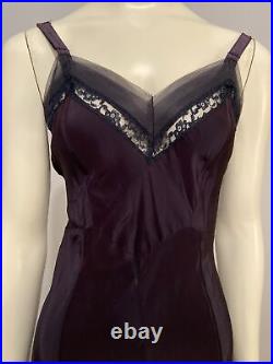 Vintage 40s Slip Dress Dark Purple With Black Lace And Sheer Pleat Trim Sz 36