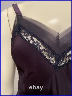 Vintage 40s Slip Dress Dark Purple With Black Lace And Sheer Pleat Trim Sz 36