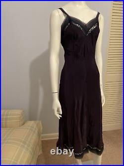 Vintage 40s Slip Dress Dark Purple With Black Lace And Sheer Pleat Trim Sz 36