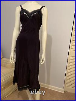 Vintage 40s Slip Dress Dark Purple With Black Lace And Sheer Pleat Trim Sz 36