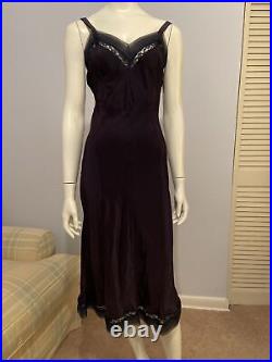 Vintage 40s Slip Dress Dark Purple With Black Lace And Sheer Pleat Trim Sz 36