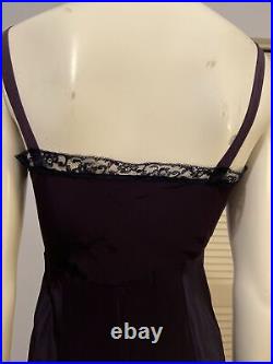 Vintage 40s Slip Dress Dark Purple With Black Lace And Sheer Pleat Trim Sz 36