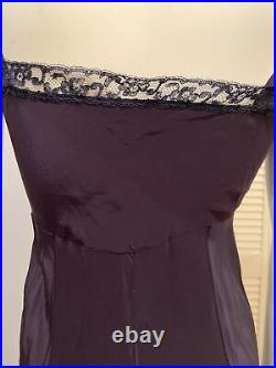 Vintage 40s Slip Dress Dark Purple With Black Lace And Sheer Pleat Trim Sz 36