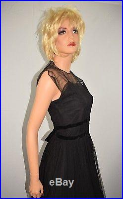 Vintage 50's Black Tulle Rockabilly Swing Bubble Dress Black Silky Slip S/XS