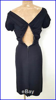 Vintage 50s Black Wiggle Dress Size Small Cocktail Party Slip On Mini Gathered