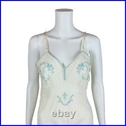 Vintage 50s Cream Slip Blue Embroidery Dress Rayon Lingerie 34