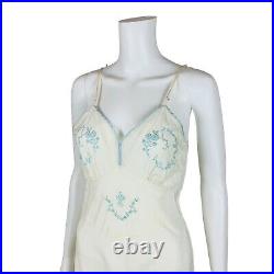 Vintage 50s Cream Slip Blue Embroidery Dress Rayon Lingerie 34