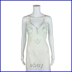 Vintage 50s Cream Slip Blue Embroidery Dress Rayon Lingerie 34