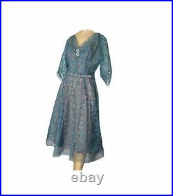 Vintage 50s Party Dress & Slip Gray Blue Lace Belted Cocktail Gown Fit and Flare