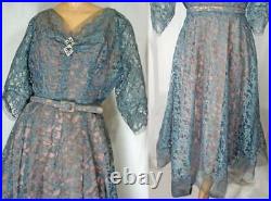 Vintage 50s Party Dress & Slip Gray Blue Lace Belted Cocktail Gown Fit and Flare