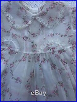 Vintage 50s Sheer Floral Dress Pink Lace 2t 12-18 Months Baby Girl Ruffle Slip