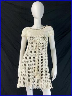 Vintage 60s 70s Crochet Mini Dress with Slip BOHO Mod COTTON Summer XS 0 2 P442