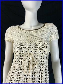 Vintage 60s 70s Crochet Mini Dress with Slip BOHO Mod COTTON Summer XS 0 2 P442