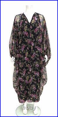 Vintage 60s 70s Floral Nylon CHIFFON Nightgown CAFTAN Hostess Robe Maxi Dress