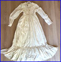 Vintage 60s 70s Gunne Sax Ivory Maxi Prairie Wedding Dress Tieback Built In Slip