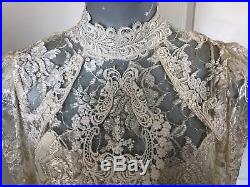 Vintage 60s 70s Ivory Boho Wedding Slip Lace L/S DropWaist Prairie Mini Dress H1