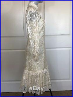 Vintage 60s 70s Ivory Boho Wedding Slip Lace L/S DropWaist Prairie Mini Dress H1
