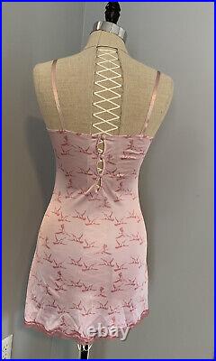 Vintage 60s Hummingbird Print Slip Dress Baby Doll Pink Button Back Coquette