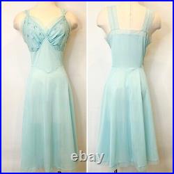 Vintage 60s Lorraine Silky Satin Chiffon Icy Blue Floral Slip Party Dress 36