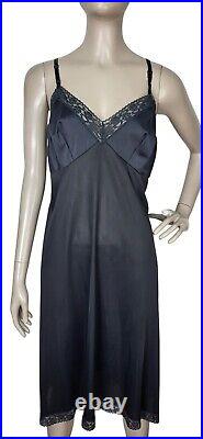 Vintage 60s Vanity Fair Black Nylon Lace Trim Adjustable Slip Dress Sz. 40 Large